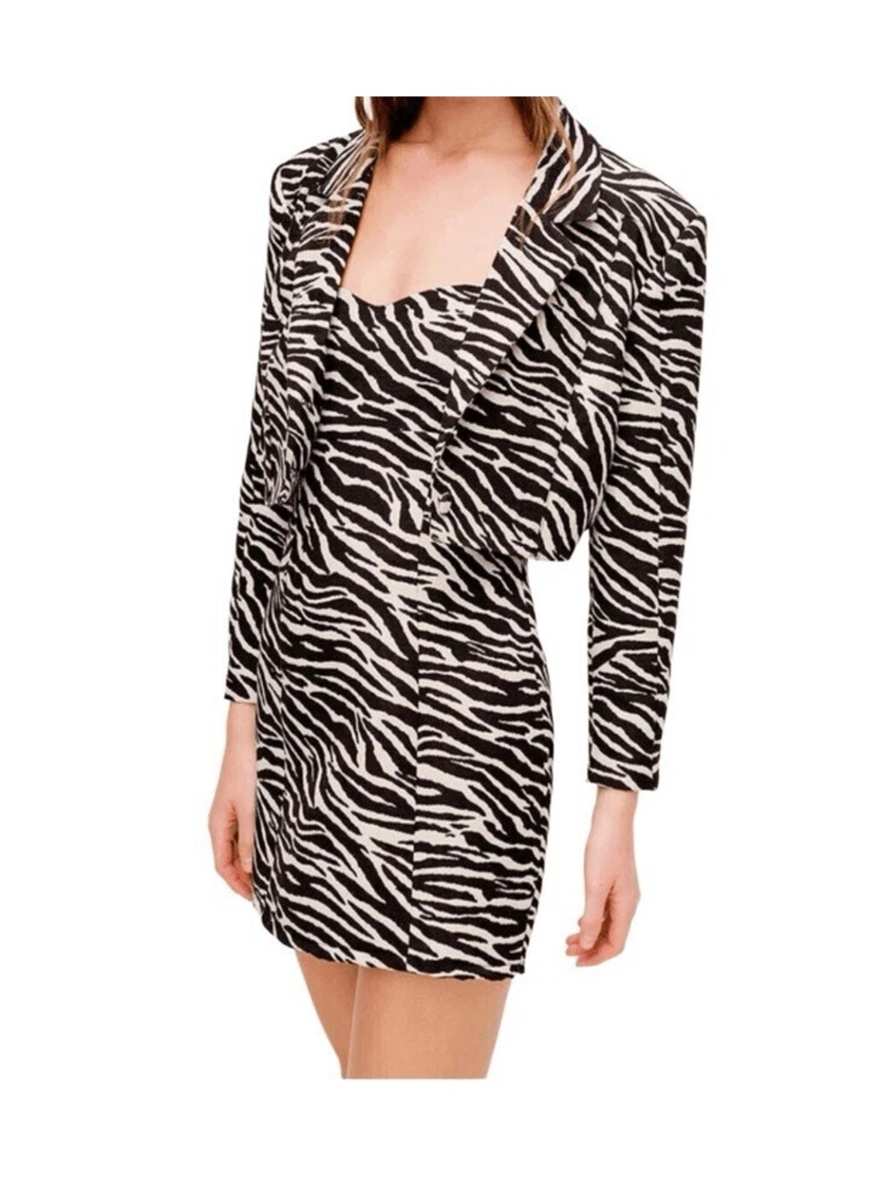 FOR LOVE & LEMONS zebra print cropped jacket blazer and Mini Slip Dress Suit Set